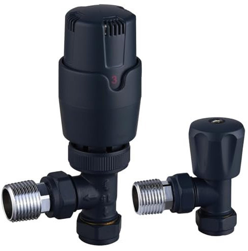 Black Angled Thermostatic Radiator Valves TRV Modern Radiator Valves 15mm x 1/2 (Set of 2) for Heated Towel Rails & Central Heating Radiators Radiator Valve Set