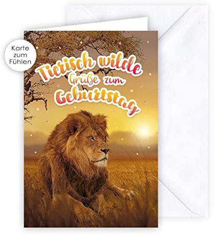 KE - Sensationelle Geburtstagskarte mit Fühlbarem Fell, Geschenk für Kinder, DIN B6 Klappkarte inkl. Umschlag, Motiv: Löwe