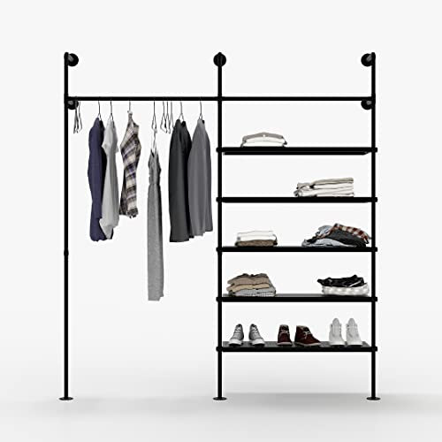 pamo Kleiderstange Wandmontage 240 kg Traglast - offener Kleiderschrank industrial schwarz aus Metall Wasserrohren mit Böden aus robustem Metall
