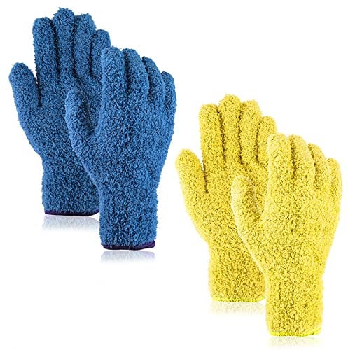 Sibba 4x Microfiber Dusting Cleaning Gloves Mittens Washable Reusable House Cleaning Kitchen Dust Removal Mitts Blinds Mirrors Furniture Garden Car Hard to Reach Corners Gap (Dark Blue & Yellow)