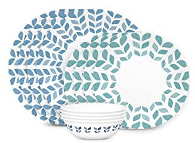 Corelle Vitrelle Glass Dinnerware Set, Chip & Crack Resistant Triple Layer Glass, 12-PC Dinnerware Set, Northern Pines