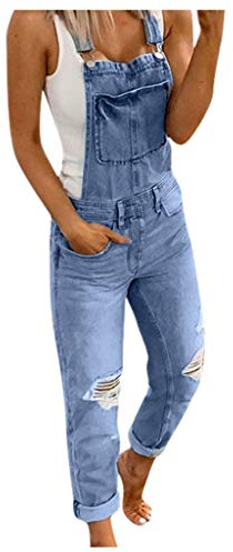Latzhose Damen Arbeitshose Blaue Jeans Lange Hose Frauen Overall Jumpsuit Playsuit Jeans Vintage Loose Fit Hoseanzug Romper mit Tasche Used-Look