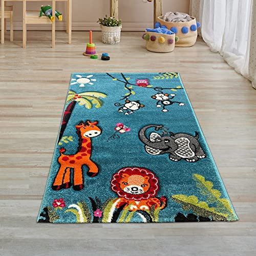 Teppich-Traum Kinderzimmerteppich mit Zootieren 3D-Effekt Konturenschnitt in blau bunt Größe 80 x 150 cm