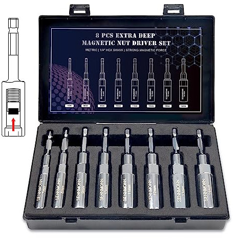 Extra Deep Magnetic Nut Driver Set, 8 PCS Adjustable Deep Nut Driver Set for Impact Drill, Metric, Quick-Change 1/4 Hex Shank,Cr-V Steel