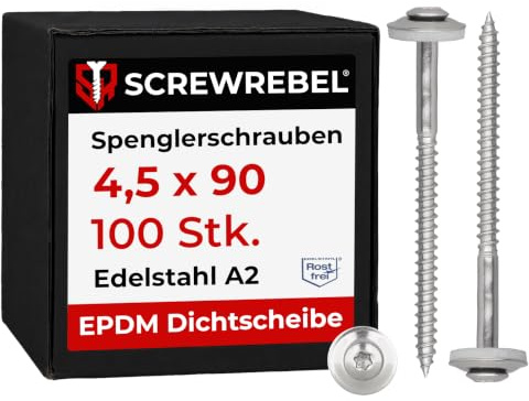 100 Stück SCREW REBEL Spenglerschrauben 4,5 x 90 mm - Edelstahl A2, Inox mit EPDM-Dichtscheibe Ø15mm TX 20