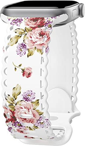 Blumen Spitzen Armband Kompatibel mit Apple Watch Armband 40mm 41mm 38mm 44mm 45mm 42mm für Damen, Floral Lace Hohl Silikon Sport Ersatzarmbänder für iWatch Series SE Ultra 9 8 7 6 5 4 3 -Rote Rose 42