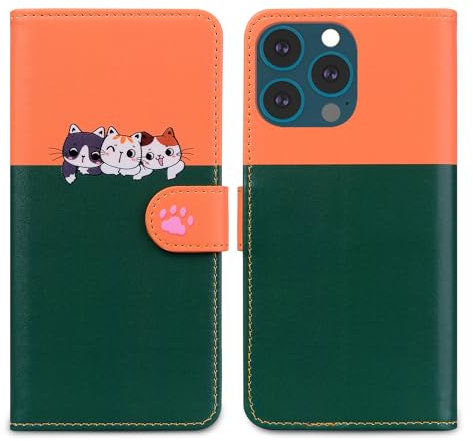 Nbziyoo Phone Case for iPhone 13 Pro Max,Cartoon Cats/Dogs Patterns Flip Wallet Case with Card Slots, Premium Magnetic PU Leather Cover Case for iPhone 13 Pro Max, Dark Green