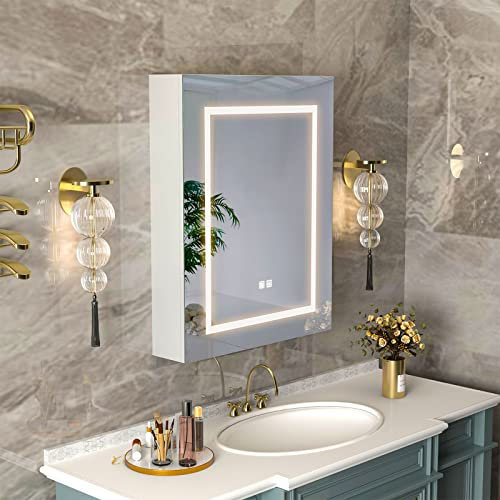 Mepplzian 600 * 750 Led Bathroom Mirror Cabinet,Bathroom Cabinets with Lights 3 Color,Wall Mounted Cabinets with Mirrors,Illuminated Mirror with Storage,Mirrored Cabinet with Defogger