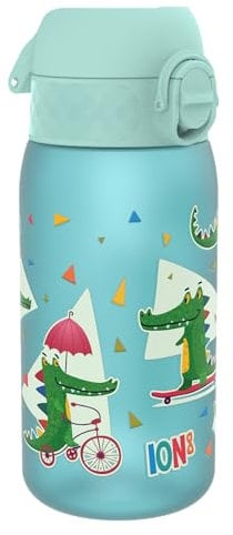 Ion8 Kids Water Bottle, 350 ml/12 oz, Leak Proof, Easy to Open, Secure Lock, Dishwasher Safe, BPA Free, Carry Handle, Hygienic Flip Cover, Easy Clean, Odour Free, Carbon Neutral, Blue, Crocodiles