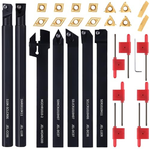 LYMMIYTC Drehmaschinen-Drehwerkzeug, 10 mm, 21-teiliges Set, 7-teiliges Metall-Drehwerkzeug-Set mit 14 Hartmetall-Einsatz-Dreheinsätzen zum Drehen, Nuten, Bohren, Gewindeschneiden.