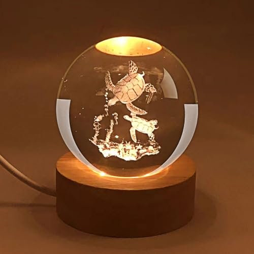 Bola de Cristal de Tortugas 3D de 6 cm - 3 Colores LED, Luz Nocturna Enchufable Con Base de Madera, Control LED, Decoración Grabada en 3D - Regalo