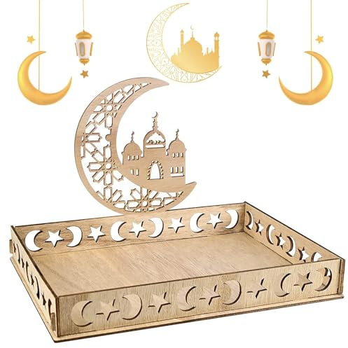Gxlaihly Plateau en Bois Eid Mubarak, Ramadan Plateau Repas, Eid Mubarak Decoration, Plateau Ramadan,Ramadan Vaisselle Étoile de Lune,Décoration de Table pour la Fête du Ramadan (B)