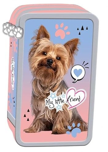 St. Right 3-FACH 43-teilig Mäppchen mit Zubehör, Federmappe Federtasche Federmäppchen, Flauschiger Hund, Federtasche mit 3 Reißverschlüssen | XXL | federmäppchen | Federmappe Für Mädchen, GREY YORK