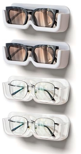 Xiuyer 4 Pcs Wall Mounted Adhesive Glasses Holder Stand Hanging Sunglasses Organizer Sunglasses Holder Eye Glass Holder for Wall Home Decor Wall Mounted Adhesive Glasses Holder (White+Transparent)