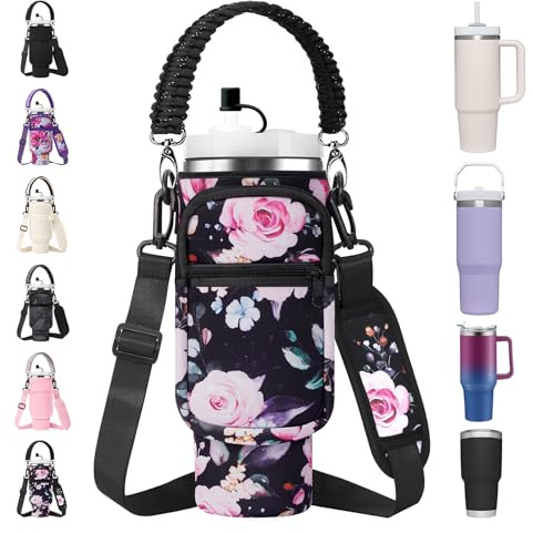AceTreker Water Bottle Carrier Bag for Stanley 40 oz Cup - Insulated Metal Sleeve Holder with Adjustable Strap, Phone Pocket - Black Flower
