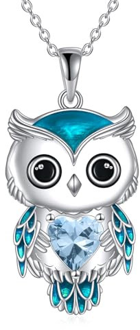 Vadmans Eule Kette Schmuck Geschenke für Damen Sterling Silber Eule Anhänger Halskette März Geburtsstein Zirkonia Weihnachts Schmuck für Mädchen (03-März)