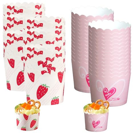 Muffin Förmchen,100 Stück Cupcake Wrapper Cupcake Liners Cupcake Backbecher Papierkuchen Muffin Förmchen Papier zum Backen Cupcakes Süßigkeiten Behälter(Erdbeere&Herzförmig)