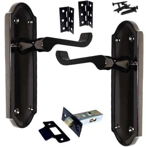 Betley Butterfly Ashford Handle Latch Door Handles Black Nickel, Pair of 3 Hinges & Latches Pack Sets 168mm x 47mm Backplate, Vic Scroll Lever Interior Wooden Doors