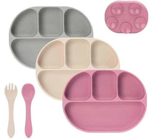 MOJINL Silikon Babyteller mit Saugnapf Rutschfester Kinderteller Unterteilung BPA Frei Geteilte Esslernteller mit Silikon Babylöffel und Baby Gabel, Spülmaschinenfest und Mikrowellenfest 3 Stück