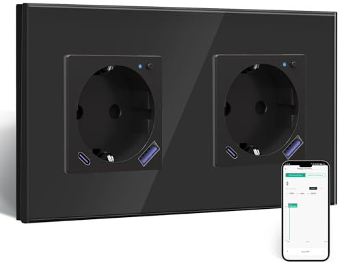 BSEED Wlan Schuko Steckdose mit USB C 20W Schnellladegerät,Smart Steckdose Unterputz mit Strommessung,Arbeit mit Alexa/Google Home,Stromzähler für Doppelsteckdose mit Smart Life App,2 Fach Schwarz