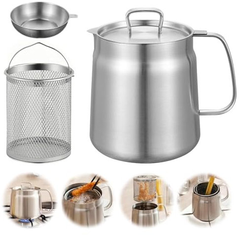 Pentola per friggere, in acciaio inox 304, contenitore per grasso con filtro a maglia fine, per cucina/campeggio