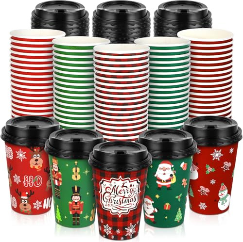 ZhouBoat Einweg-Kaffeetassen mit Deckel, 340 ml, Weihnachtspappbecher, Weihnachtsmann, Rentier, Schneeflocken, Nussknacker, Einweg-Trinkbecher für Weihnachten, Partyzubehör, 100 Stück
