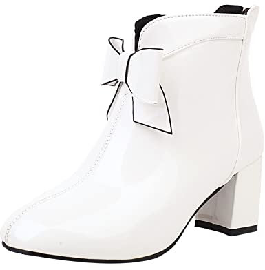 Stivali da donna in stile britannico in pelle con fiocco tacco spesso tacco medio solido cerniera posteriore stivali corti con lacci in pelle scamosciata, bianco, 39.5 EU