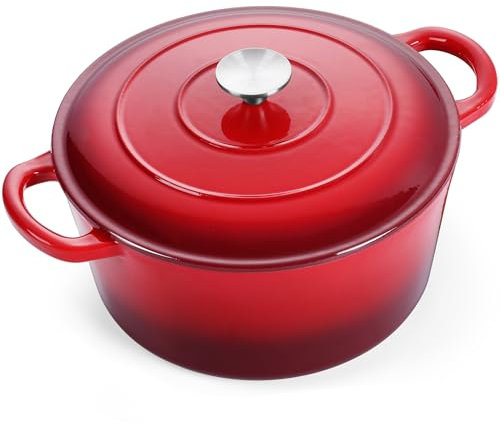 E-far Horno holandés esmaltado de 7 cuartos de galón, olla redonda de hierro fundido con tapa para hornear pan, estofar, asar, guisar, utensilios de cocina antiadherentes resistentes seguros para