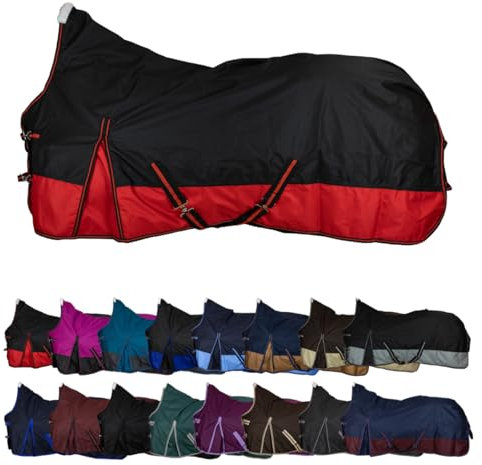 RL24 - Weidedecke High Neck Basicline 600D – Regendecke & Übergangsdecke – wasserdichte Outdoordecke mit Kreuzbegurtung – Pferdedecke in Schwarz/Rot – Größe 145cm (Nylonfutter)