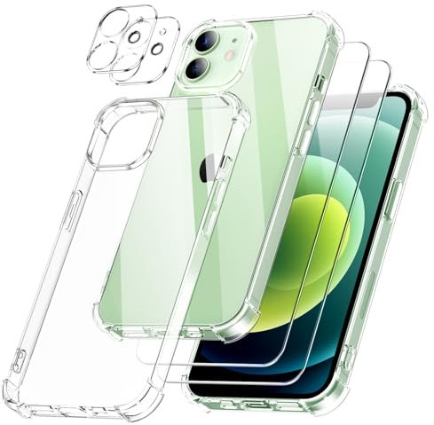 SOGUDE 5 en 1 Coque pour iPhone 12 avec 2 Verre Trempé et 2 Caméra Protecteur, Étui de Protection Antichoc avec Coussin d'air Intégré Mince Bumper Housse - Transparente