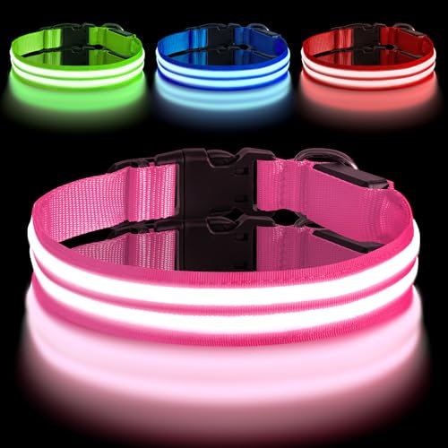 AUAUY Leuchthalsband Hund, Hundehalsband Leuchtend Aufladbar mit 3 Beleuchtungsmodi, Einstellbar Blinklicht Sicherheit Halsband, LED Hundehalsband Wasserdicht für Kleine Mittlere Große Hunde, Rosa-S