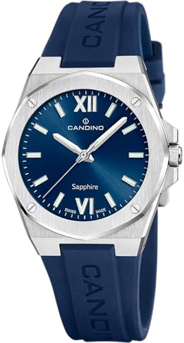 Candino Swiss Damenuhr Analog aus Edelstahl und Kautschuk Blau | Quarzwerk, Widerstandsfähiges Saphirglas, Wasserdicht 5 ATM C4777/3, Lady Elegance, Swiss Made