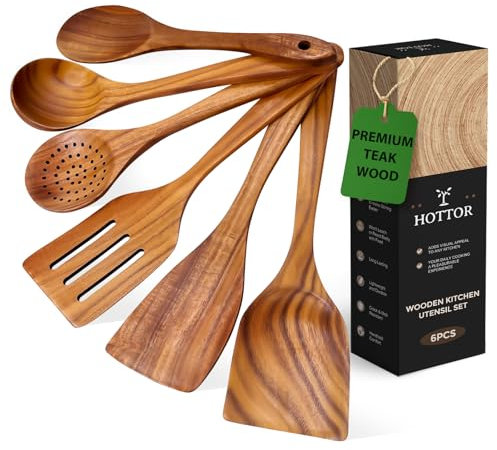 6 Piece Teak Wooden Utensil Set, Comfort-Grip Wooden Spoons for Cooking, Smooth Finish Wood Kitchen Utensils Set, Non-Stick Wood Spatula for Cooking