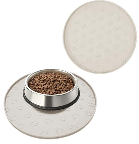 Hundenapf Matte mit Erhöhtem Rand, Verdickter Silikon, Wasserdicht, rutschfest, Hundeabdrücke,28x28 cm (2 stück Beige, 28X28 cm)
