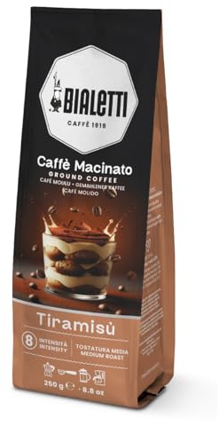 Bialetti Caffè Macinato Universale 250 g – Miscela aromatizzata al Tiramisù, ideale per Moka, French Press ed Espresso
