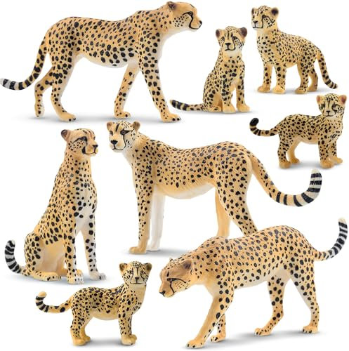 TOYMANY 8 Stück Geparden Tiere-Figuren mit Gepardenbaby, Realistische Dschungeltierfiguren Familie Set, Wild Zoo Spielzeug, Kuchen Topper Weihnachts Geburtstagsgeschenk, zum Spielen oder als Deko