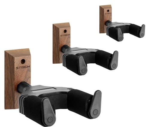 STRICH Gitarrenwandhalterung, Walnussholz, automatisch verriegelnder | U-förmig mit Schrauben Gitarrenhalter für Akustikgitarren, E-Gitarren, Banjos, Bass (3er-Pack)