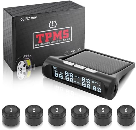 Avutrel TPMS Reifendruckkontrollsystem 9.9bar (144psi) mit 6 Externen Reifendrucksensoren (umschaltbar auf 4-Rad), Solar USB Aufladung, 6 Alarmmodi, für Lastwagen, Wohnmobile, Busse, Autos, Anhänger