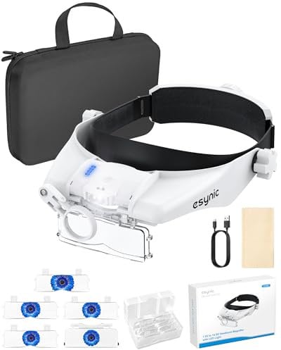 eSynic Kopfbandlupe mit LED-Licht – Wiederaufladbare Lupenbrille mit 5 Wechselobjektiven (1.5X-3.5X) und 8X Zusatzlinse, für Elektronik, Schmuck, Handwerk und Reparaturen