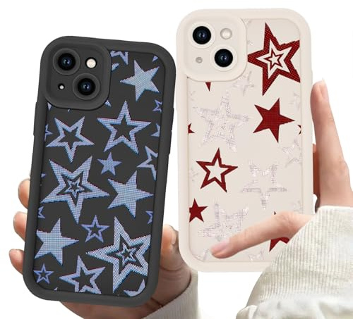 Zrutru 2 Pack Cool Stars Phone Case for iPhone 14 6.1,Cute Y2K Blue Red Star Cases Aesthetic Trendy Design Cover for Women Men Girls,Black White Slim Lens Protection Funda for iPhone 14