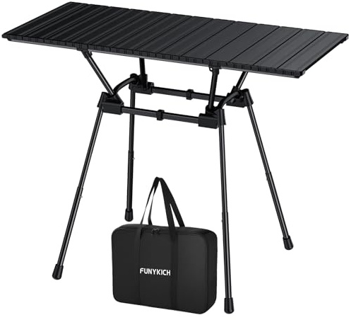 FUNYKICH Campingtisch Klappbar 89x40cm, 4 Höhenverstellbar 51/63/67/71cm | 80kg Traglast, Aluminium-Aufrolltischplatte, Leicht & Wasserdicht, Tragbar Klapptisch mit Tasche für Camping Picknick Grillen