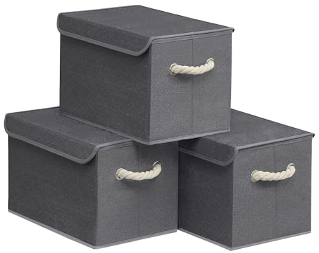SONGMICS Aufbewahrungsbox mit Deckel, klappbar, 3er Set, 38 x 25 x 25 cm | Stoffboxen, Aufbewahrung, Organizer, Griffe, für Kleiderschrank, grau, TINA Kollektion RFB013GZ01