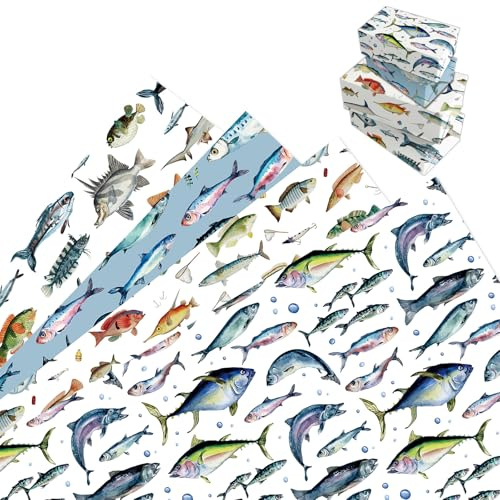 MORAINJAY 12 Bögen Fisch Geschenkpapier, Geschenkpapier mit Fischmotiven für Männergeschenke, für Geburtstag und Anglerparty Deko, 68 x 50 cm
