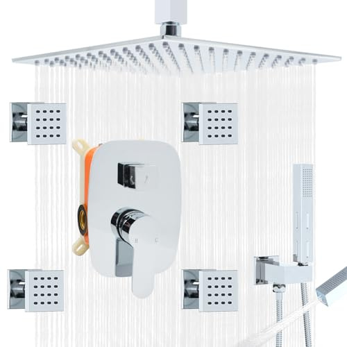 Delnet 3 Function Compact Shower System, 4 Holes 10(25.4 CM) Ceiling Mounted Rain Shower Head, with 4 Body Jets & 2-in-1 Handheld, Chrome