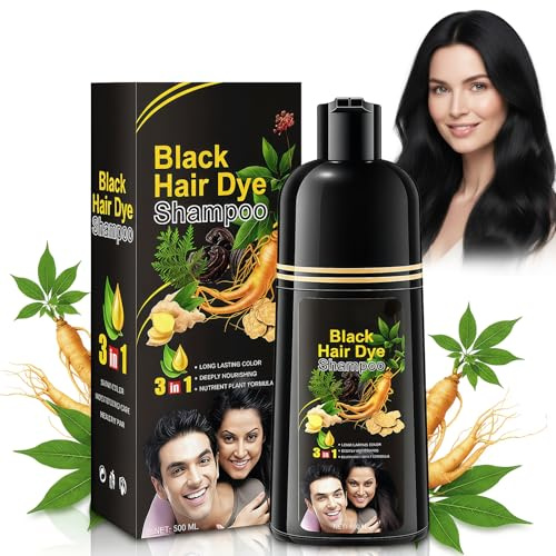 Black Hair Dye Shampoo,Champú Tinte Cubre Canas,Champú Tinte Negro 3 En 1, Nutre Y Protege El Cabello,FáCiles AplicacióN Y Larga DuracióN,Para Mujer Y Hombre,500ml