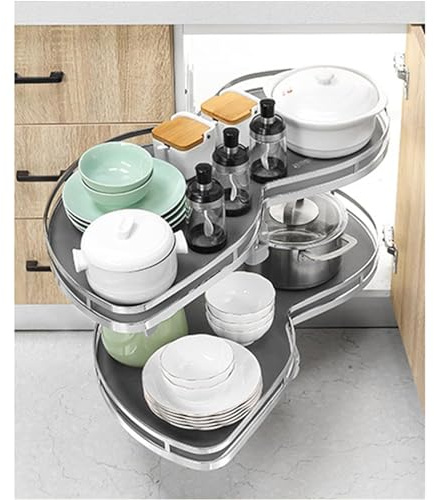 Küchen-Auszugsschrank-Organizer, 2-stöckiges fliegendes Untertassen-Regalsystem, starker, tragfähiger Schwenkauszug-Organizer, Eckauszug-Aufbewahrungsorganizer für 860-mm-Schränke, Grau (rechts öffn