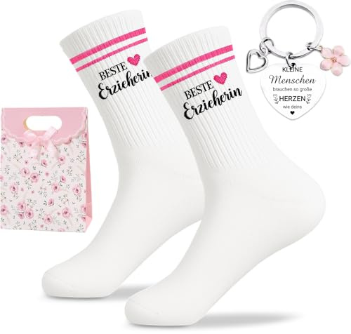 Scinzene 3 Stück Erzieherin Geschenk Set, mit Socken, Schlüsselanhänger, Tüte, abschiedsgeschenk erzieherin, Lustige Strümpfe Baumwolle, Geburtstag für Kita, Kindergarten, Schule