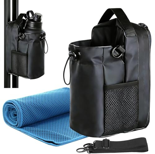 Sadodo 2-in-1 Small Gym Bag Magnetic Water Bottle Carrier + Cooling Towel | Magnetic Gym Bag Water Bottle Holder & Side Phone Pocket - Ultra-Strong Gym Bag Small Organiser for 10-50oz Flasks