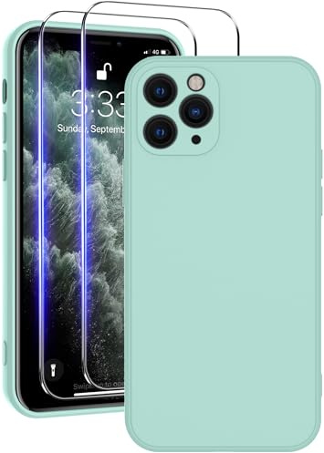 Qasyfanc Soft Silicone Case for iPhone 11 Pro with 2 Tempered Glass Screen Protectors, Dust-proof, Full Camera Protection, iPhone 11 Pro Cover with Anti-Scratch Microfiber Lining, Light Cyan