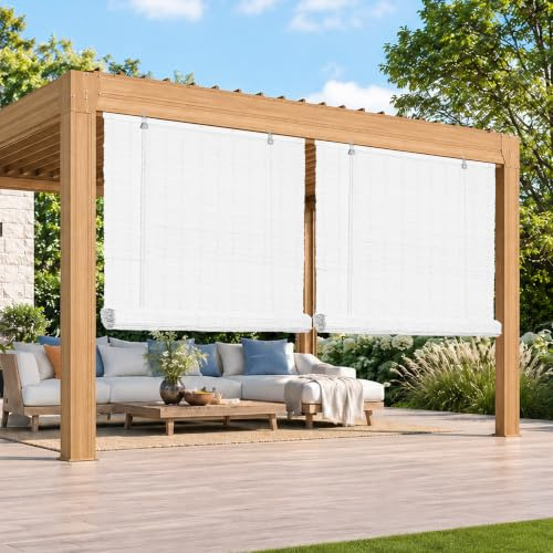 HOMEDEMO PE Rollo Outdoor wetterfest, Sichtschutz Sonnenschutz, Bambus Look Rollo für Innen- und außenbereich Bambusrollo Jalousie, Raffrollo für Fenster & Balkon, 120x220cm, Weiß
